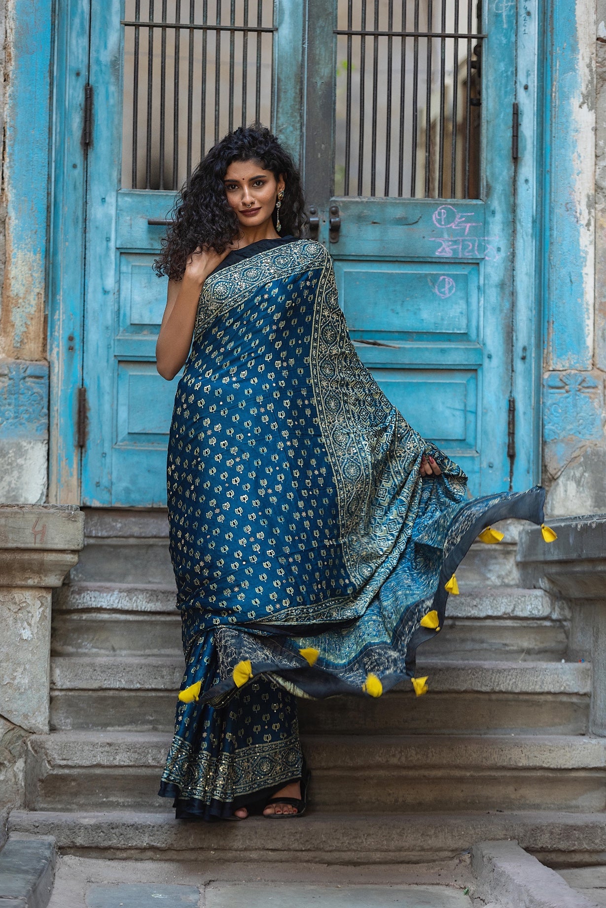 AJARAKH BLOCK PRINT IN MODAL SILK SAREE BSA 1081