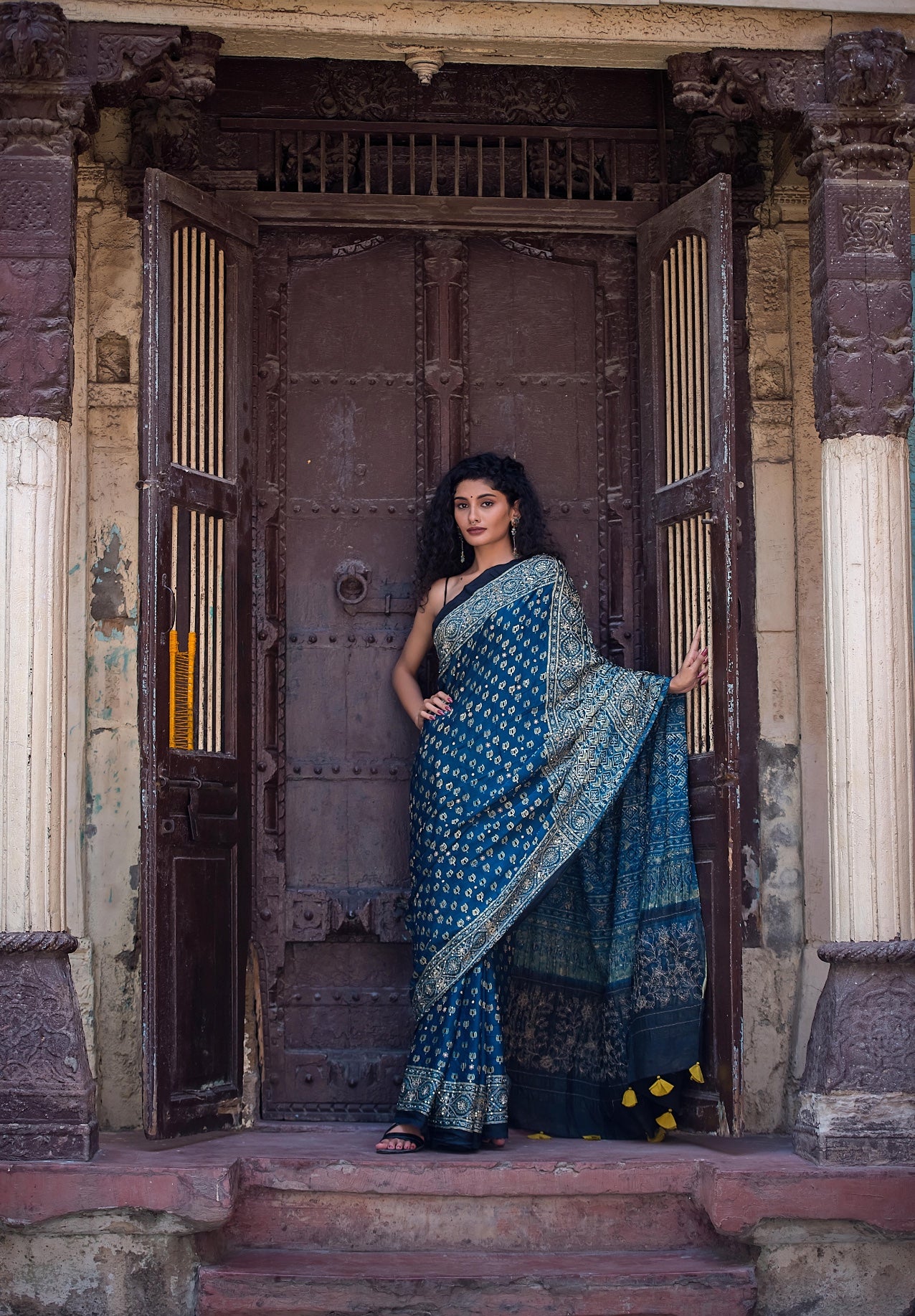 AJARAKH BLOCK PRINT IN MODAL SILK SAREE BSA 1081